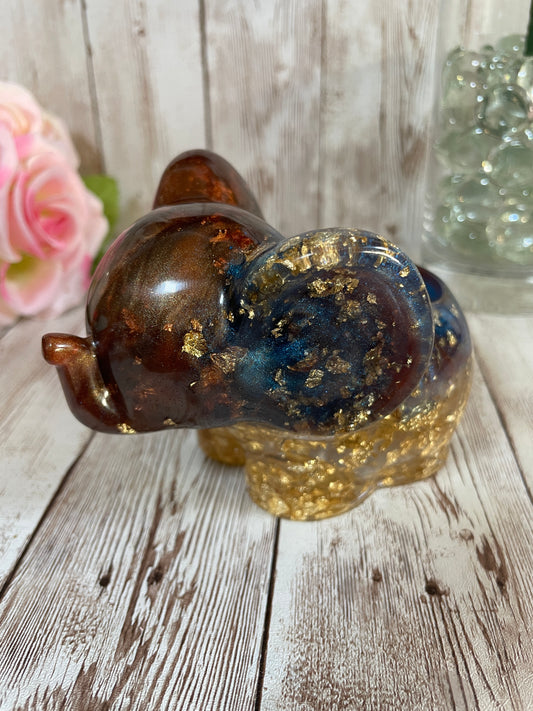 Brown, Blue & Gold Resin Elephant Planter & Pen Holder – Handmade Elephant Decor, Cute Desk Organizer & Small Plant Pot