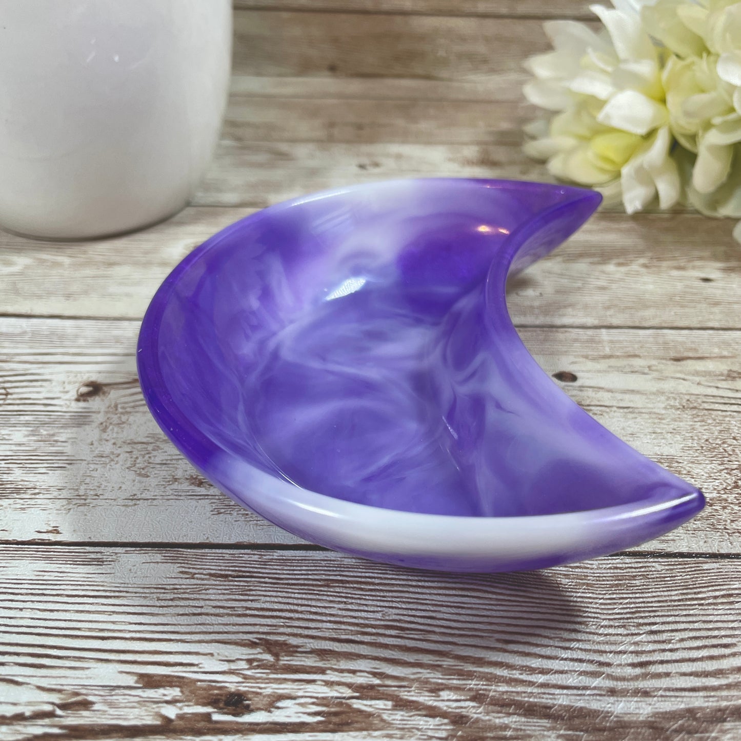 Purple & White Crescent Moon Resin Dish – Handmade Celestial Trinket Dish, Vanity & End Table Decor