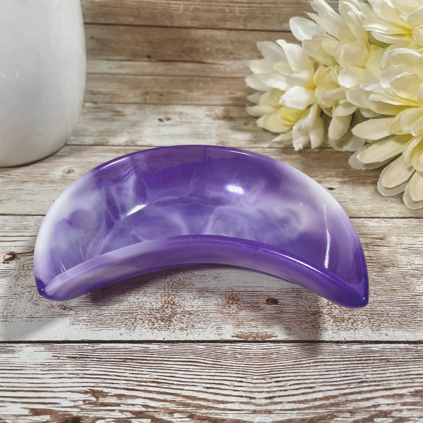 Purple & White Crescent Moon Resin Dish – Handmade Celestial Trinket Dish, Vanity & End Table Decor