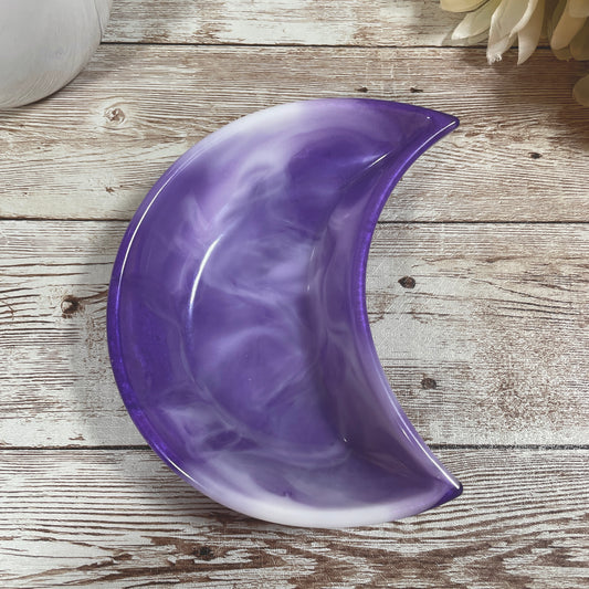 Purple & White Crescent Moon Resin Dish – Handmade Celestial Trinket Dish, Vanity & End Table Decor