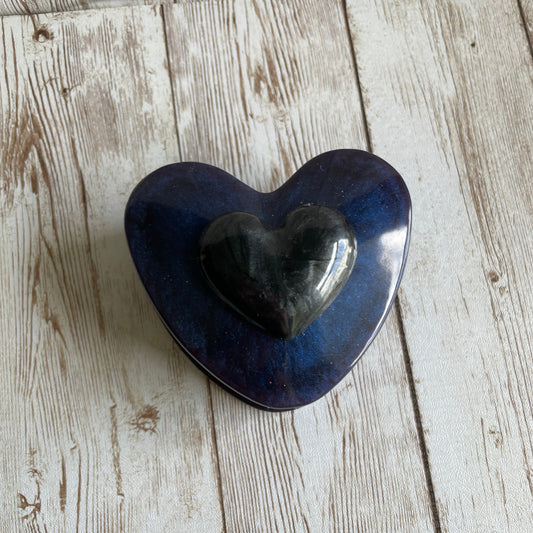 Dark Blue Resin Jewelry Box – Handmade Heart Trinket Box with Lid, Modern Vanity & End Table Decor