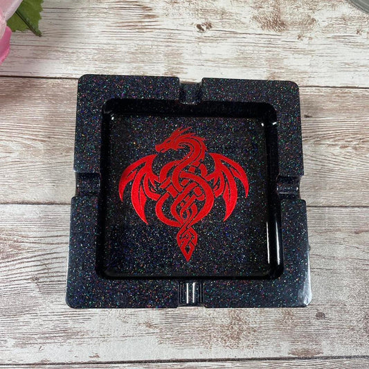 Black Glitter Resin Ashtray with Red Dragon Design
